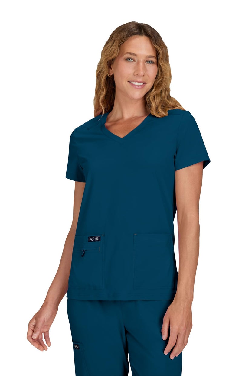 KOI Basics Becca Women's 4-Pocket Stretch Scrub Top Caribbean Blue Medium - Image 1